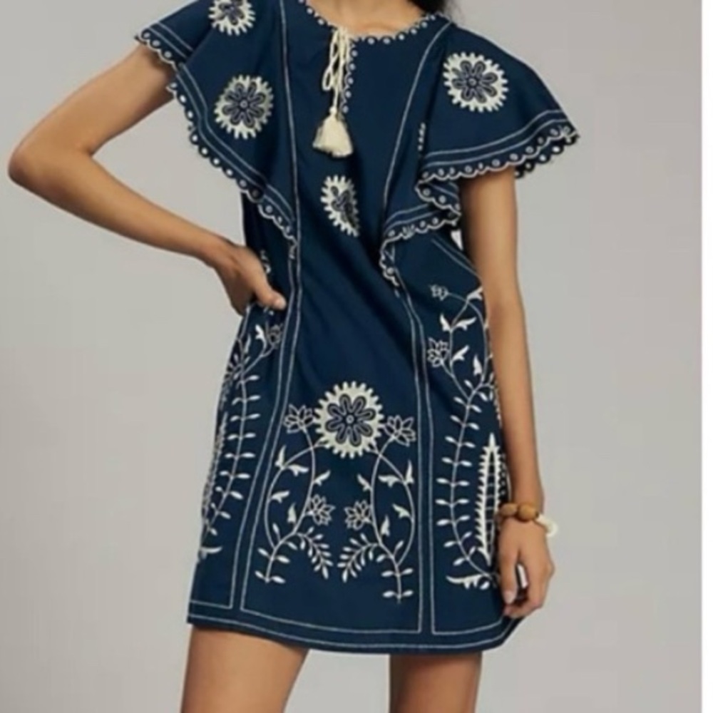 Anthropologie Blue and White Embroidered Mini Dress